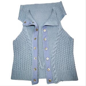 Soft Surroundings Wool Sweater Vest Chunky Cable Knit Gray Button Down Cowl Neck